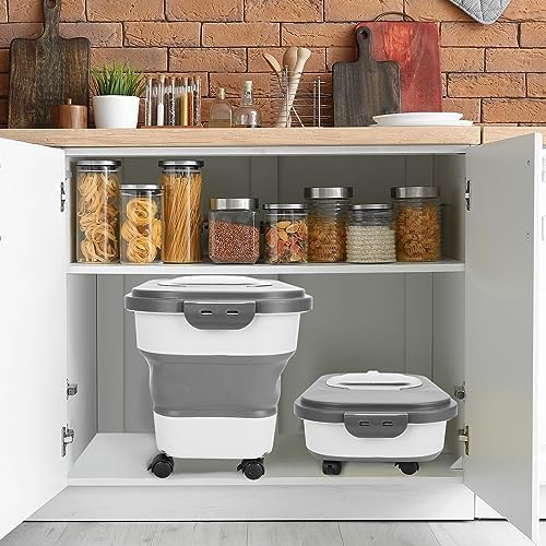 2 PCS Dog Food Storage Containers 15-20 Lbs Collapsible Dog Food Storage Container - with Measuring Cup &Scoop(Grey+Black)