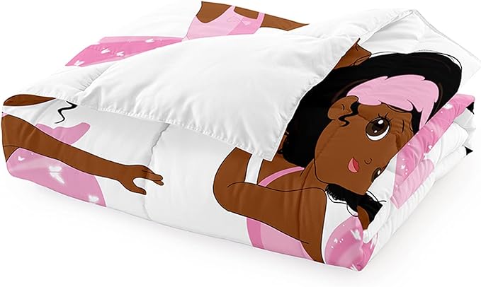 African American Comforter Set 3Pcs for Kids Pink Black Cute Little Dancers Twin Bedding Set for Girls Queen Size Soft Lovely Ballet Girl Duvet Cover with 2 Pillowcases for All Season