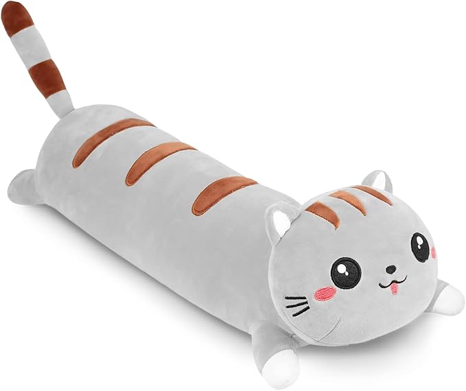 AFAN Cute Long Cat Plush Kawaii 34”Body Pillow Cat Stuffed Animals Soft Plushies Cuddly Cotton Kitten Sleeping Pillow Back Cushion Stuffed Plush Doll Toy Gift for Kids Girlfriend （Grey）