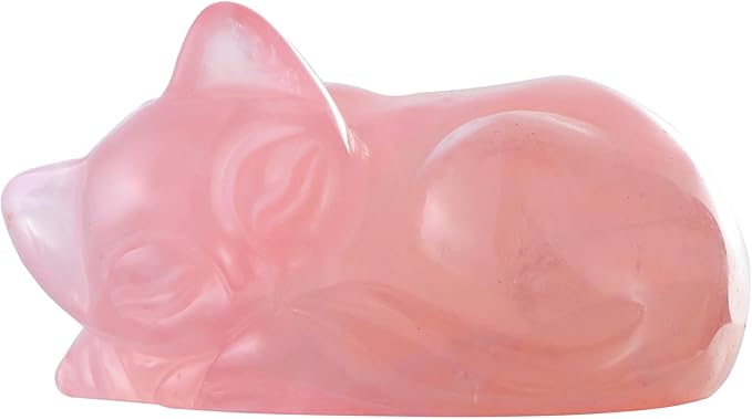 2" Sleeping Cat Statue Rose Quartz Healing Crystals Hand Carved Cute Kitten Figurine, Worry Stone for Anxiety Relif Home Desk Decor Animal Figurine