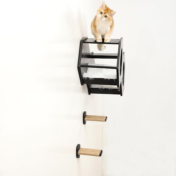 Cat Wall Shelves, Cat Shelves for Wall, Cat Wall Furniture, Cat Shelf with 3 Steps Scratcher Post, Cat Tree Hammock with Plush Wall Mounted, Climbing Shelf Wall Mount for Indoor Cats (Black)