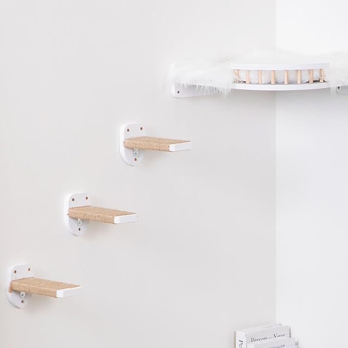 3pcs Cat Wall Steps, Cat Climbing Wall Mounted Cat Furniture, Cat Wall Shelves Cat Steps for Wall with Hemp Rope Covered, Solid Wood Cat Ladder for Cats Playing and Climbing (Standard-White)