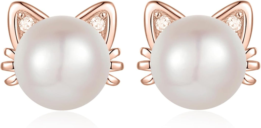 925 Sterling Silver Freshwater Pearl Cat Stud Earrings for Women, Cat CZ Studs Hypoallergenic Jewelry Gift