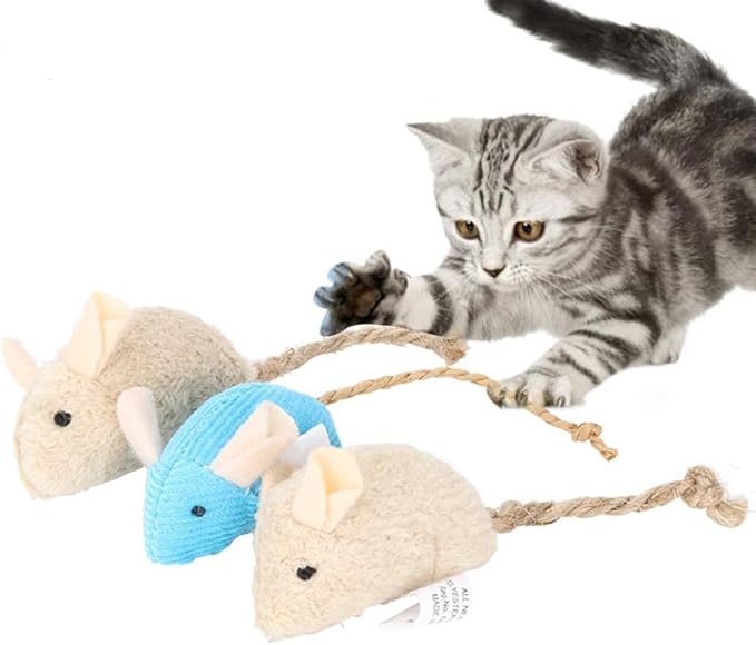 3Pcs Blue Khaki Pets Interactive Playing Toys, 3Pcs Plush Simulation Rat Mouse Scratch Bite Chewing Toy for Pet Cat Kitten, Cat Mice and Animals Toys