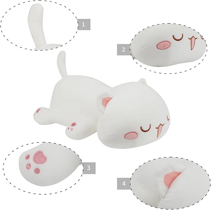 AFAN Cat Stuffed Animals Plush Cute Soft Cat Plush Pillow Toys Kawaii Plushies Room Decor Gifts for Kids Girls Boys (Squinted Eyes, White, 19.6 Inch)