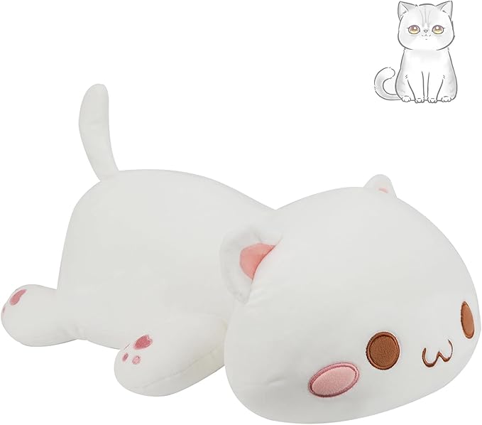 AFAN Cat Stuffed Animals Plush Cute Soft Cat Plush Pillow Toys Kawaii Plushies Room Decor Gifts for Kids Girls Boys (Round Eyes, White, 13.7 Inch)