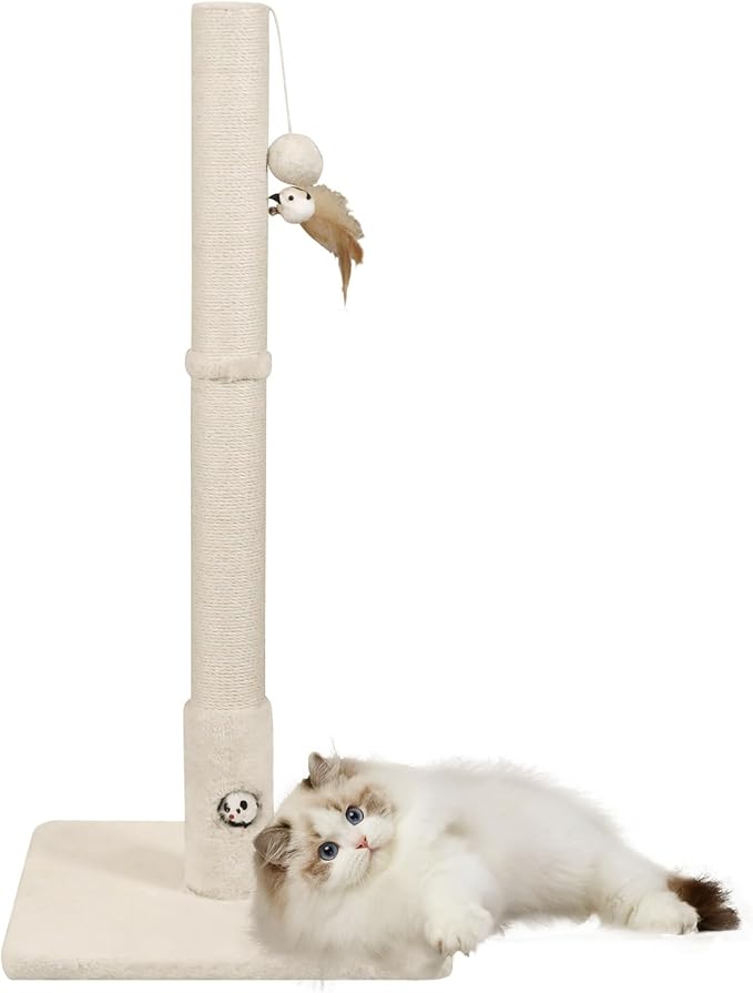 Cat Scratching Post with Premium Sisal Rope for Indoor 34in Tall Scratcher Post Tree with Mouse Hole, Hanging Ball for Adult Cats and Kittens White Scratch Tree