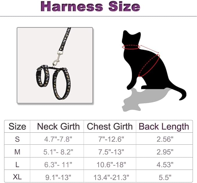 Cat Harness and Leash Set for Outdoor Walking Escape Proof Adjustable Soft Safety Strap with Golden Star and Moon Design Glow in The Dark Black