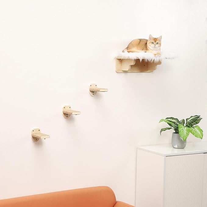 Cat Wall Shelves, 3 Steps Scratch Post, Cat Bed Hammock with Plush Covered for Indoor Cats