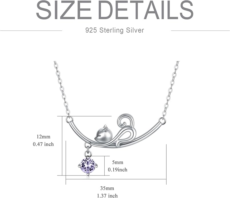 AOBOCO 925 Sterling Silver Lovely Cat Kitten Pendant Necklace with 12 Months Birthstone Crystal from Austria, Christmas Birthday Jewelry Gifts for Cat Lover