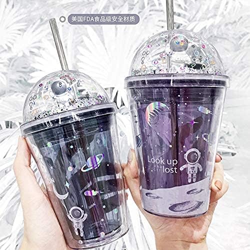 Astronaut Travel Tumblers with StrawSpace Boy Party Cups Cups Gift Reusable Plastic Cup Water Bottle Birthday Gift (Astronaut gray, 380ml)