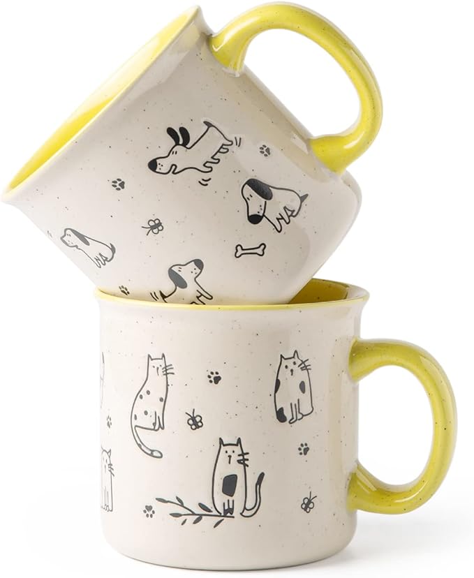 AmorArc 22 OZ Large Ceramic Coffee Mugs Set of 2, Oversized Mugs With Big Handle for Men Women Dad Mom, Big Mug With Textured Dogs Cats Patterns for Office & Home -Microwave Safe, 2 Pcs-Yellow