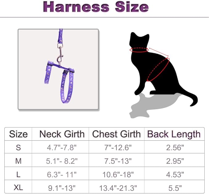 Cat Harness and Leash Set for Outdoor Walking Escape Proof Adjustable Soft Safety Strap with Golden Star and Moon Design Glow in The Dark Purple Medium