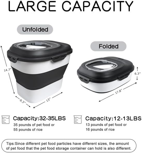 35LBS Collapsible Dog Food Storage Container, Pet Dog Pantry Large Containers Bin with Wheels,Scoop & 2pcs Food Storage Containers, Kitchen Cereal Flour Rice Leakproof Dry Holder-Black