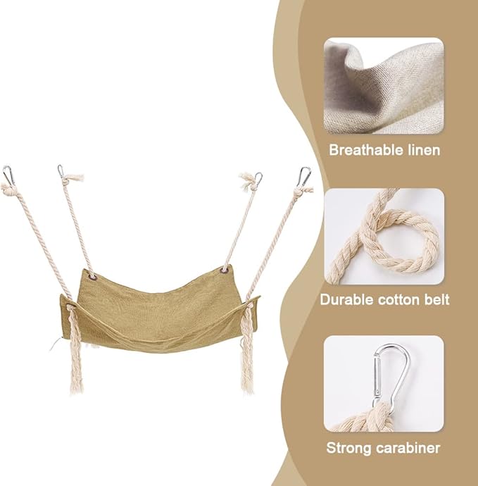 Cat Hammock, Breathable Pet Cage Hammock, Cat Hanging Bed with Metal Carabiners and Tassels, Cat Hanging Hammock for Cage, Hammocks for Kittens, Rabbits, Small Dogs (Khaki)