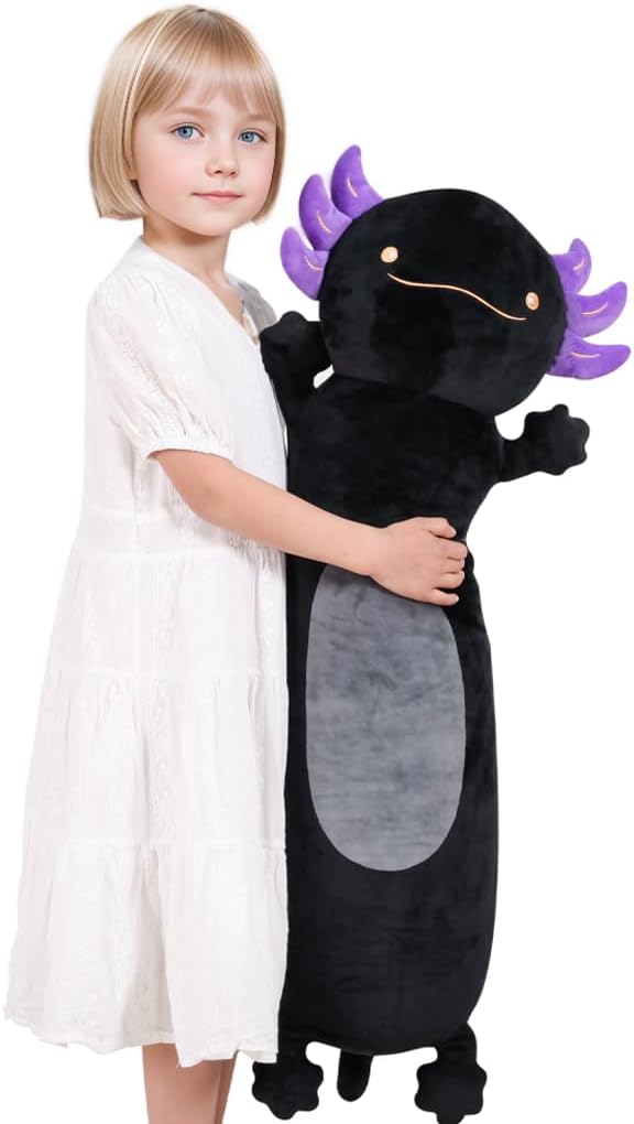 36" Giant Black Axolotl Stuffed Animal, Cute Soft Long Axolotl Plush Body Squishy Pillow Big Plushies Toy, Gift for Kids, Boys, Birthdays, Easter