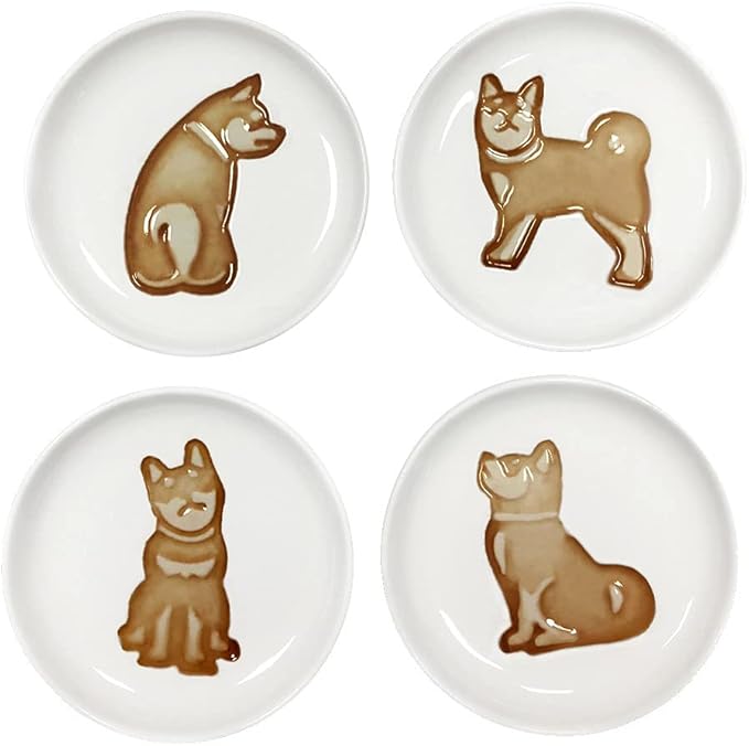 4pcs Ceramics Shiba Dog Relief Seasoning Dishes Sushi Dipping Bowl Appetizer Plate - 3.5 inches