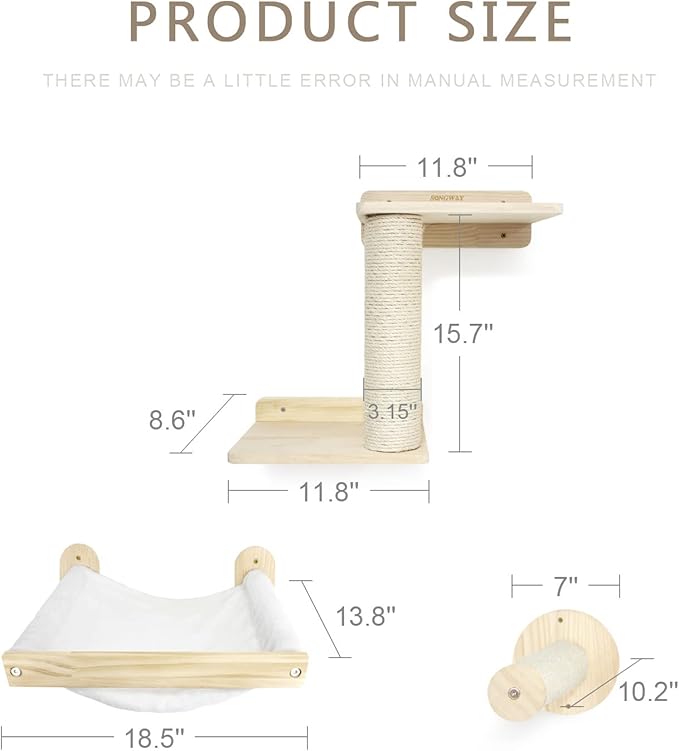 SONGWAY Cat Shelves and Perches for Wall - Wall Mounted Cat Shelf with 2 Sisal Cat Steps, Perches and Cat Hammock, Wooden Cat Bed & Furniture for Indoor Cats Climbing, Lounging, Scratching