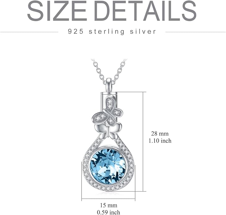AOBOCO Butterfly Urn Necklace for Ashes 925 Sterling Silver Butterfly Cremation Jewelry Memorial Keepsake Pendant with 12 Months Birthstone Crystal from Austria