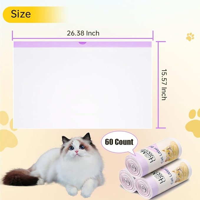 60 Count Self-Cleaning Cat Litter Box Liners, Compatible with Litter Box Robot 4 and 3, Thick Self-cleaning, Heavy Duty Drawstring Waste Bags, 20 Pounds Capacity (26" x 15")