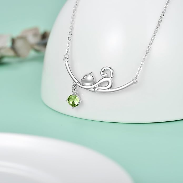 AOBOCO 925 Sterling Silver Lovely Cat Kitten Pendant Necklace with 12 Months Birthstone Crystal from Austria, Christmas Birthday Jewelry Gifts for Cat Lover