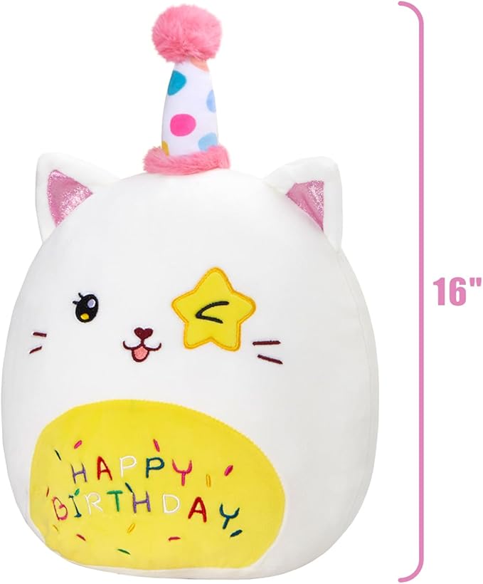 16" Birthday Cat Plush Pillow Stuffed Animals Original Wink Kitty Kitten Large Plushie Cuddle Squishy Happy Birthday Gift for Kids Boys Girls