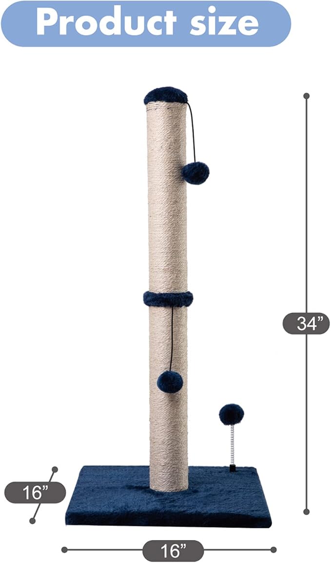 MECOOL 34“ Tall Cat Scratching Post Premium Basics Kitten Scratcher Sisal Scratch Posts Trees with Hanging Ball for Indoor Cats (34 inches for Adult Cats, Navy)