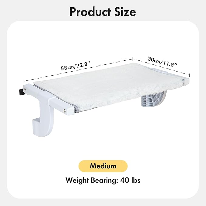 Window Sill Mount Cat Perch for Indoor Cats, One-Step Sliding Clamping Slot Adjustment Cat Hammock with Removable Two Fabrics Cover, No Suction Cups Cat Bed for Windowsill & Bedside (Medium)