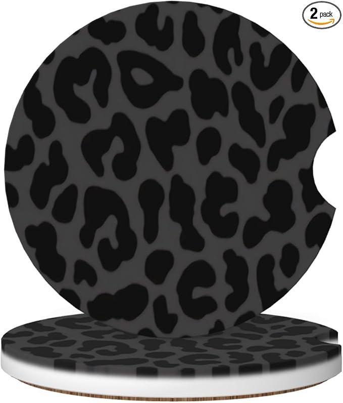 Absorbent Ceramic Car Coasters for Cup Holders, Black Leopard Cheetah Print Design 2.56" Anti Slip Universal Drink Cup Coasters for Women Men (2 Pack)