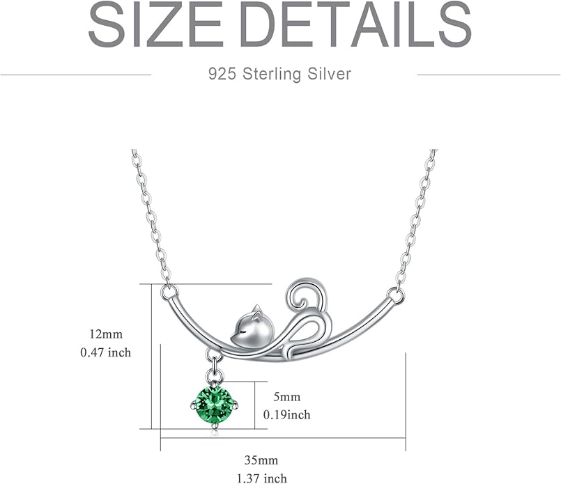 AOBOCO 925 Sterling Silver Lovely Cat Kitten Pendant Necklace with 12 Months Birthstone Crystal from Austria, Christmas Birthday Jewelry Gifts for Cat Lover