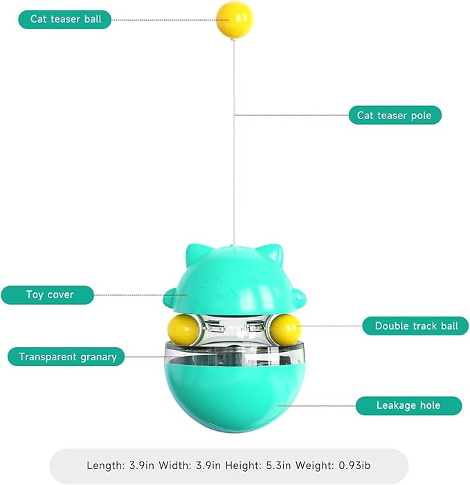 2 in 1 Cat Treat Dispenser Toy - Cat Interactive Toy and Cat Treat Ball, Tumbler Interactive Ball Cat Puzzle Feeder, Cat Food Puzzle Toy，Suitable for All Types of Cats and Small pet Dogs（Lake Blue