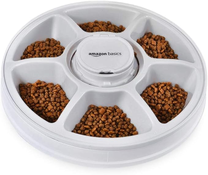 Amazon Basics Automatic Pet Feeder, Electronic Timed Dog and Cat Food Dispenser, 6 Portions, Plastic, Black, 12" X 12" X 2.3"