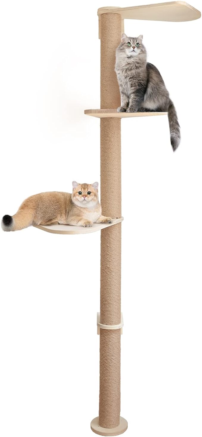 Wood Cat Tower Floor to Ceiling Adjustable, Tree Tall Cat Scratching Post, Cat Tree with 3-Tier Floor for Climb, Cat Climbing Tower Vertical with Natural Sisal Rope