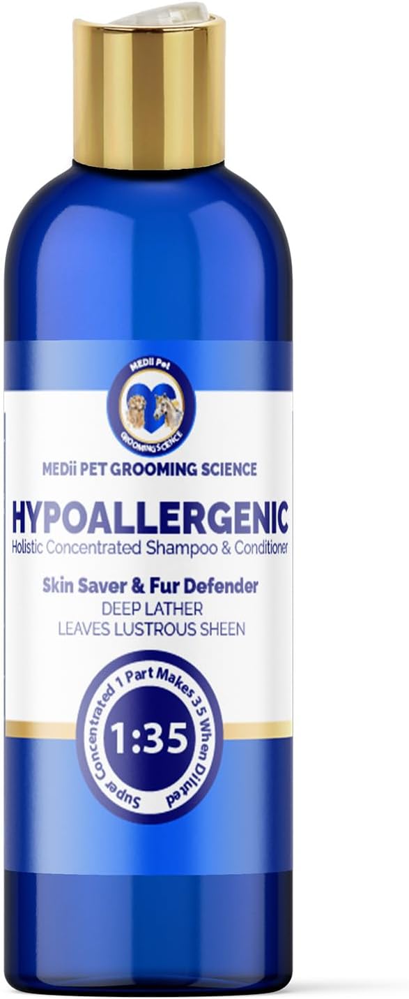 16oz Super Concentrated Hypoallergenic Dog & Cat Shampoo & Conditioner. Gentle Cleansing for Sensitive Skin, Itch Relief Formula, Puppy Safe Makes 4 gallons when diluted or use full strenght