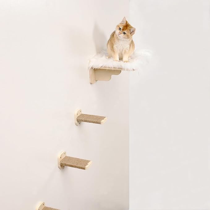 Cat Wall Shelves, 3 Steps Scratch Post, Cat Bed Hammock with Plush Covered for Indoor Cats
