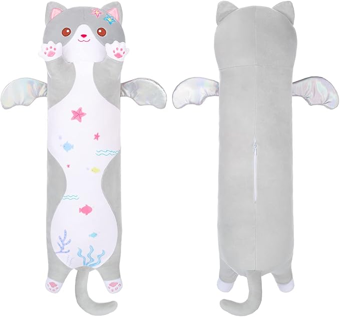 AIXINI Long Cat Plush Pillow Cartoon Cute Gray Cat Stuffed Animals, Soft Kawaii Kitten Plushies Pillow Toy for Kids (Gray,35.4inch)