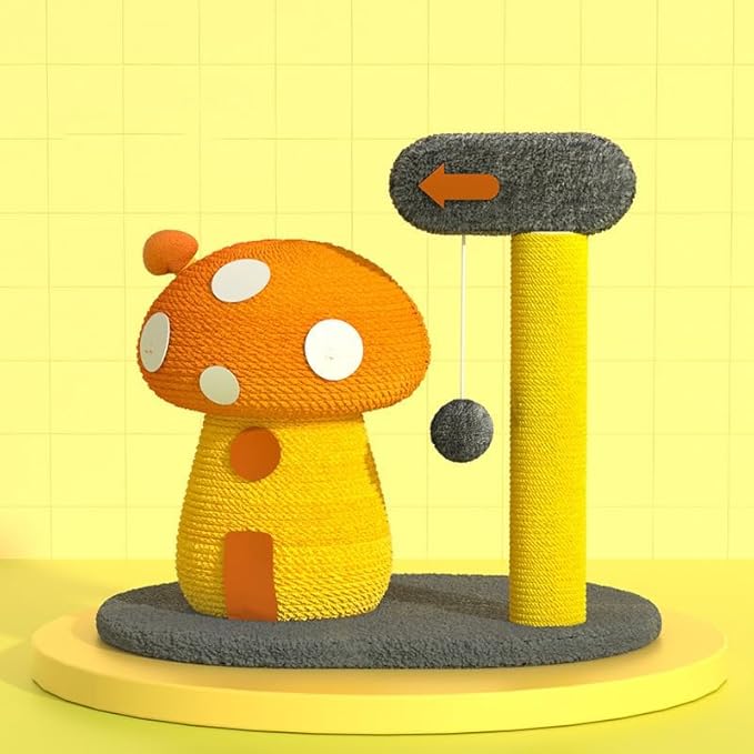 2-in-1 Cat Scratching Post, Mushroom Claw Scratcher Post for Indoor Cats, Natural Sisal Rope with Hanging Ball & Toys for Kittens to Satisfy Cats' Claw Instincts (T-b)