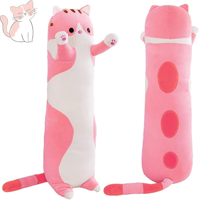 59in Plush Cat Soft Kids Plush Toy Pillow Plush Long Cotton Kitten Cuddly Toy Stuffed Animal Toy Gift for Kids Girlfriend(Pink, 150cm/59in)