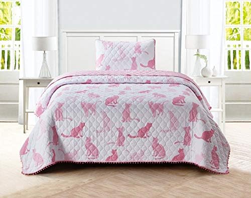 2 Piece Pink Cats Quilt Set with Mini Pom Poms, Twin, Pink