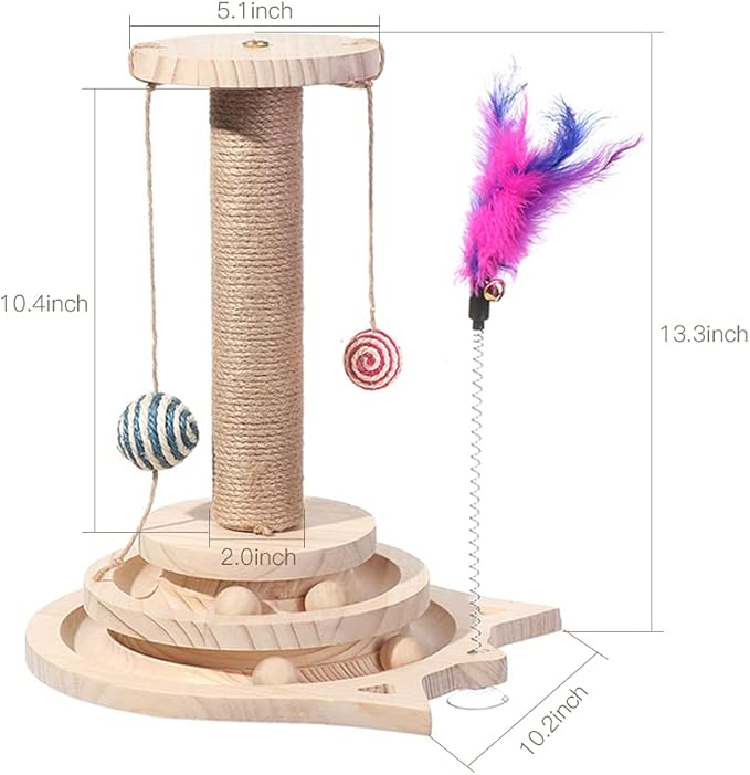 Marchul Cat Scratching Post with Hanging Ball, Kitten Sisal Scratcher Toy with 2 Layer Tracks Spinning Balls, Cat Tracking Interactive Toys for Indoor Cats and Kittens