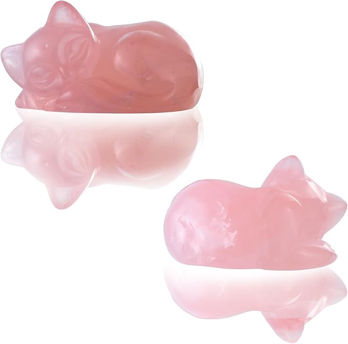 2" Sleeping Cat Statue Rose Quartz Healing Crystals Hand Carved Cute Kitten Figurine, Worry Stone for Anxiety Relif Home Desk Decor Animal Figurine