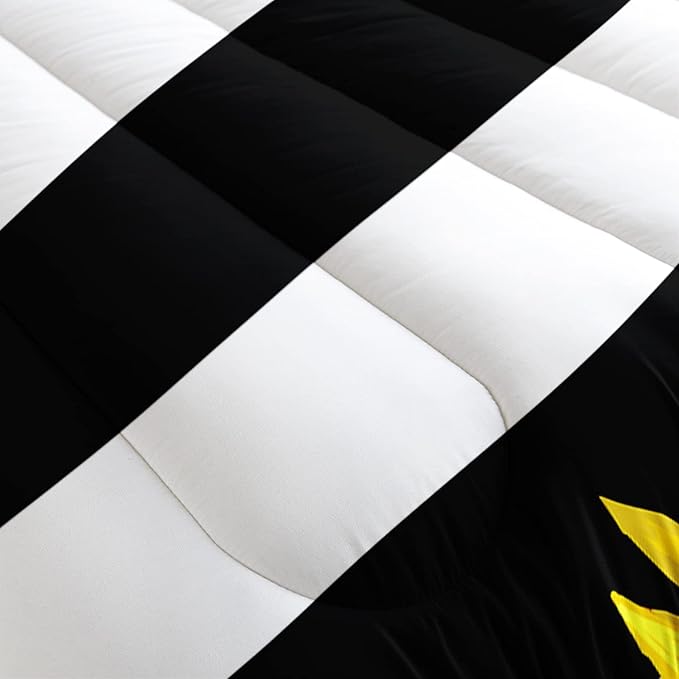 AILONEN Sunflower Comforter Set Twin Size, Black and White Striped Flower Bedding Set,Superior Yellow Flower Bed Set,Printed Stripe Quilt,Pillow Case,Microfiber Fabric