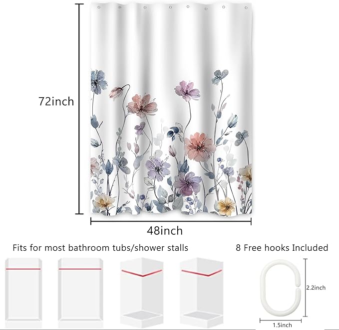 AWERT Wildflower Stall Shower Curtain for Bathroom Watercolor Floral Half Size Shower Curtain with Hooks Waterproof Flower Printing Fabric Bathroom 36x72inch