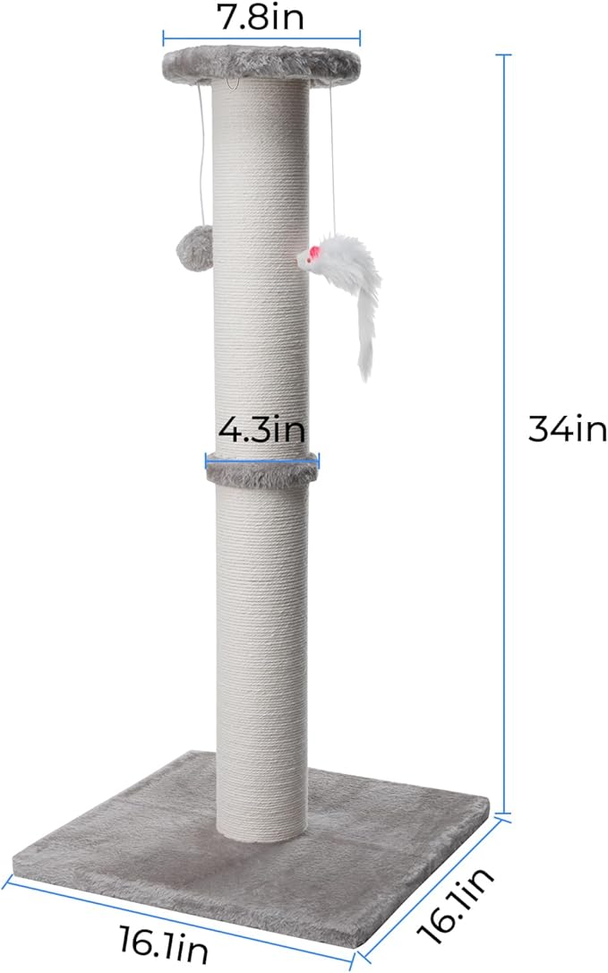 34 Inch Tall Cat Scratching Post for Multi Cat - Cat Scratching Post for Indoor Cats and Kitten with Velvet Large Diameter Scratching Post Top & 2 Hanging Ball Toy