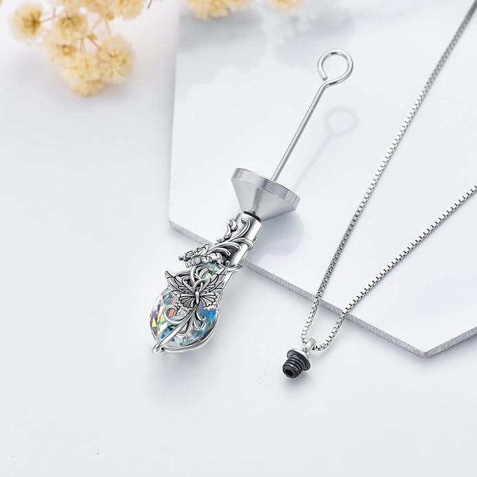 Animal Crystal Urn Necklace For Ashes Sterling Silver Butterfly Dragonfly Bee Phoenix Peacock Hummingbird Fox Angel Wing Pentagram Pentacle Cremation Necklace Heart Teardrop Urn Holder Necklaces For Women Memorial Jewelry