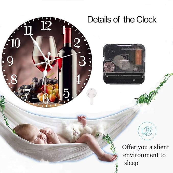 Ansouyi Round Wall Clock Battery Operated Clocks Wallclock 12 Inch,Red Wine Grapes Silent Non Ticking Wall Clock for Living Room,Kitchen,Home,Bathroom,Bedroom,Office or School