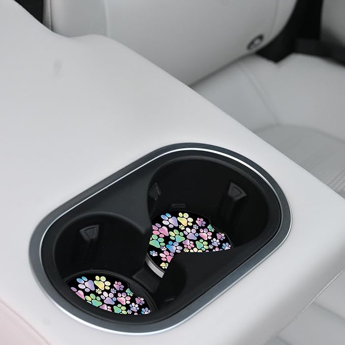 2 Pack Absorbent Car Coasters for Cup Holders,Gradient Colorful Dog paw Print Ceramic Coasters with Cork Back and Finger Slot,2.56" Auto Accessories for Women & Men.