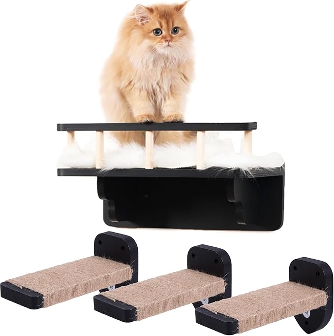 Cat Wall Shelf with 3 Cat Wall Steps,Cat Wall Shelves with Plush Coverd,Cat Climbing Shelf for Indoor Cat,Cat Wall Furniture Cat Shelf for Wall (Black)