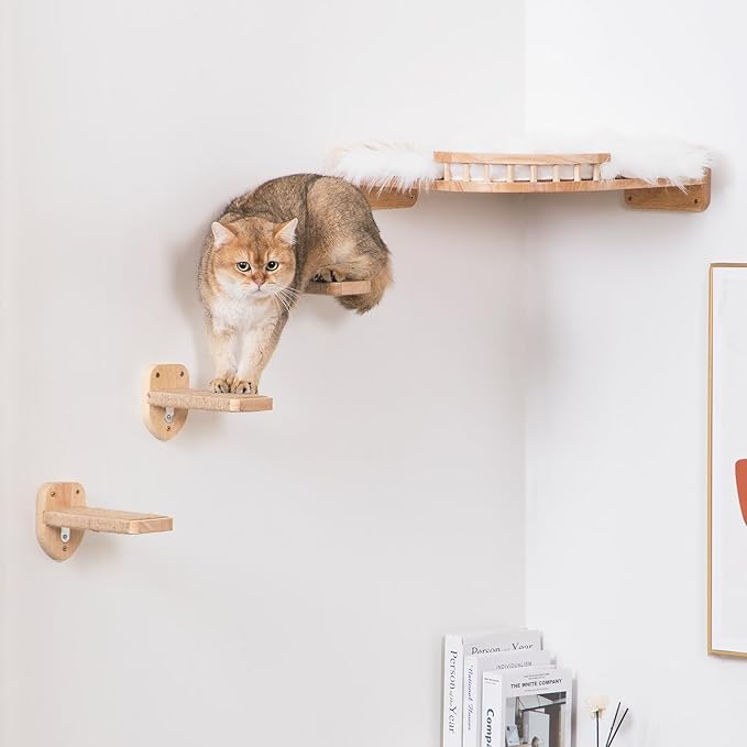 3pcs Cat Wall Steps, Cat Climbing Wall Mounted Cat Furniture, Cat Wall Shelves Cat Steps for Wall with Hemp Rope Covered, Solid Wood Cat Ladder for Cats Playing and Climbing (Large-Wood)