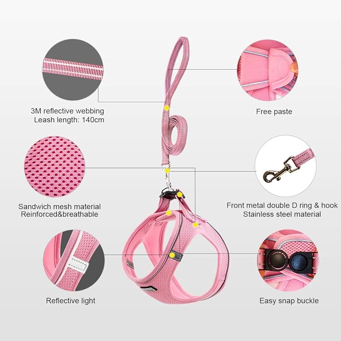Soft Mesh Dog Harness and Leash Set, Step-in Reflective Breathable Comfort Padded Quick Dry Pet Puppy Vest Harness for Extra-Small/Small Medium Dogs and Cats (Pink, XS)